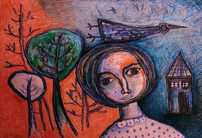 Dibujo a color con rostro de mujer y fondo de árbol y ave.