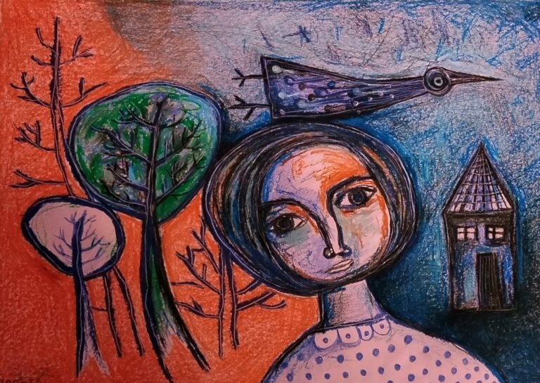 Dibujo a color con rostro de mujer y fondo de árbol y ave.
