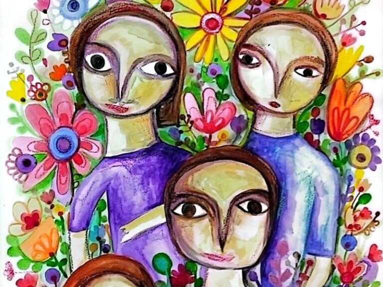 rostros de varias mujeres con fondo de flores.
