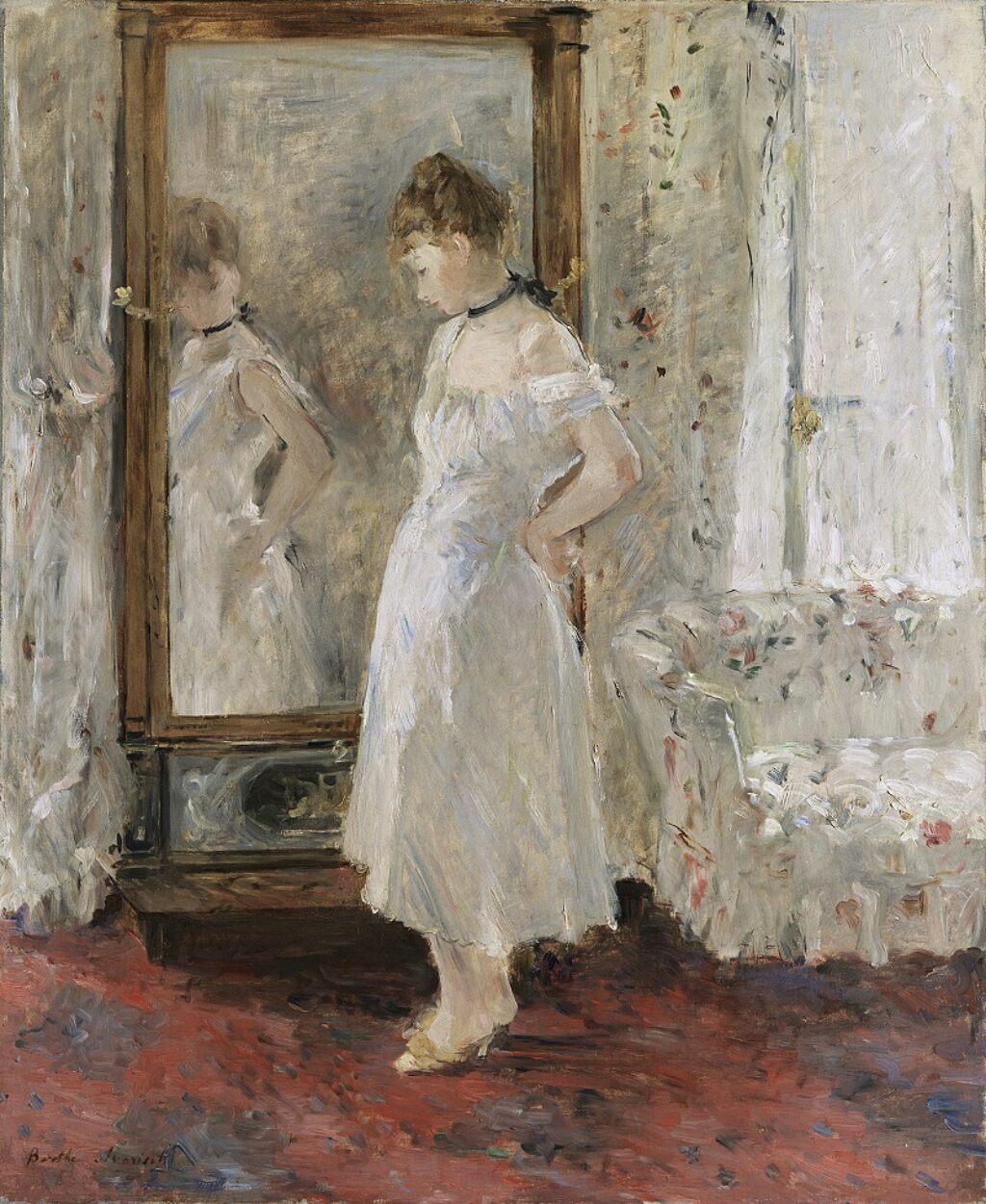 Obra de Berthe Morisot donde puede verse a una mujer frente a un espejo, de pie y de cuerpo entero vestida de blanco.