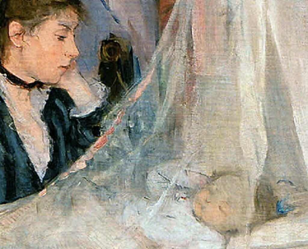 Obra de la artista donde puede verse a una mujer frente a una cuna donde duerme una niña.
