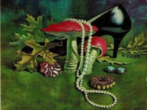 Ilustración de William Teason para “Miss Marple y 13 problemas”, Agatha Christie. SE ve un zapato nefro de tacón, un collar de perlas y unas setas venenosas.