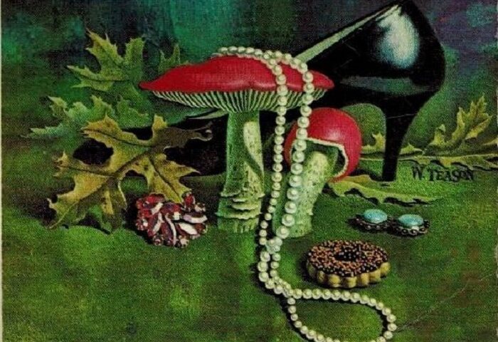 Ilustración de William Teason para “Miss Marple y 13 problemas”, Agatha Christie. SE ve un zapato nefro de tacón, un collar de perlas y unas setas venenosas.
