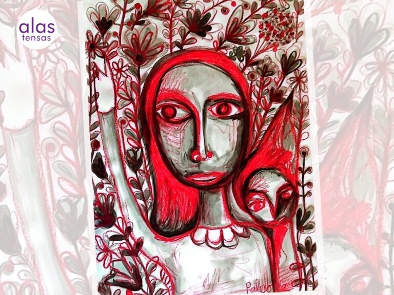 Imagen de mujer con pañuelo rojo en la cabeza.