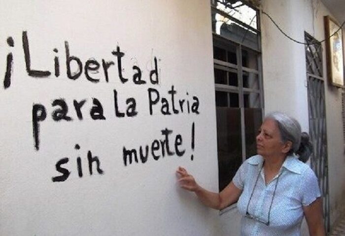 Martha Beatriz Roque frente a un cartel que pone: Libertada para la Patria sin muerte.