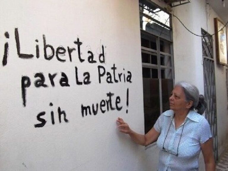 Martha Beatriz Roque frente a un cartel que pone: Libertada para la Patria sin muerte.