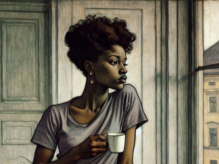 mujer mestiza mirando por una ventana con una taza de café en la mano.