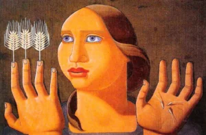 "Sorpresa del trigo" ["A sorpresa do trigo"], 1936; óleo (66 x 100 cm), perteneciente a una colección particular [Serie: "La religión del trabajo"]