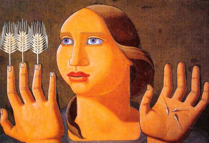 "Sorpresa del trigo" ["A sorpresa do trigo"], 1936; óleo (66 x 100 cm), perteneciente a una colección particular [Serie: "La religión del trabajo"]