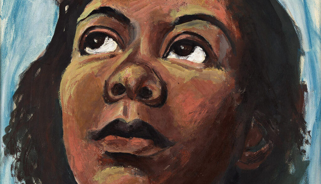 Fragmento de la pintura "Young Woman Looking Up" (1954), de Elizabeth Catlett.