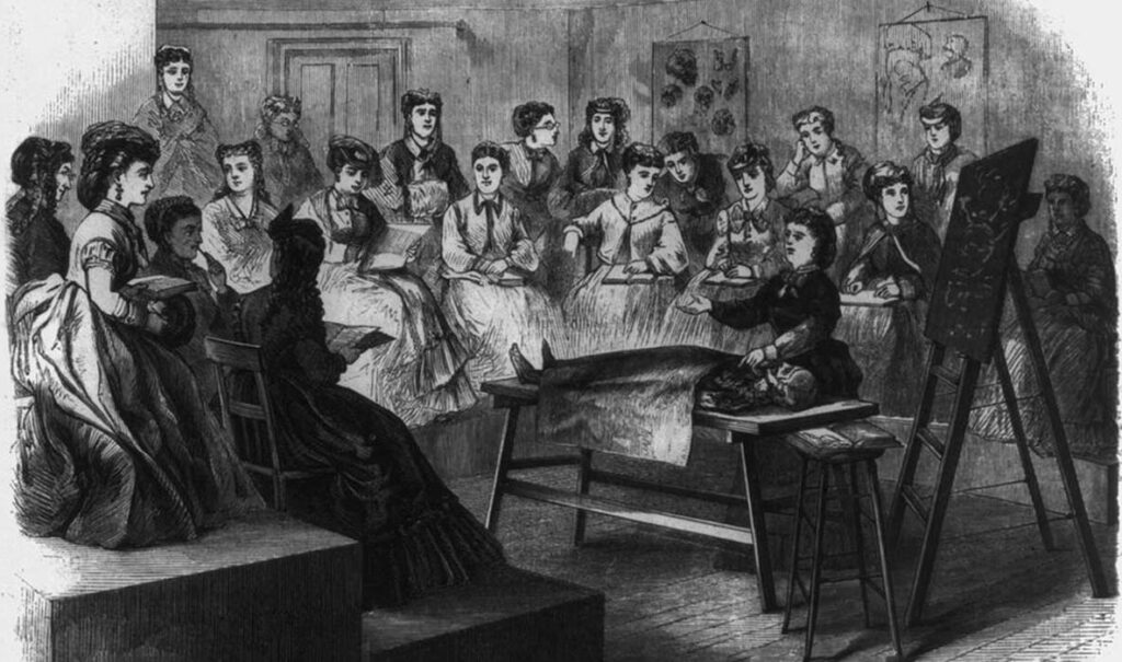 Elizabeth Blackwell impartiendo una lección de anatomía en el Colegio de medicina para mujeres en Nueva York, 1870.