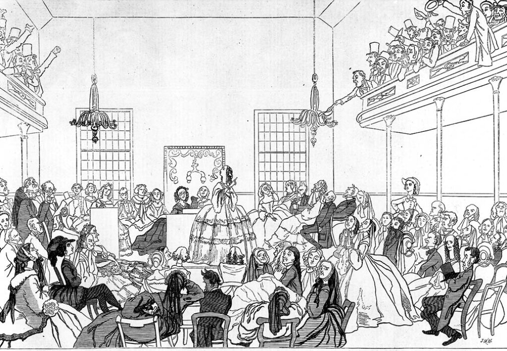 Representación irónica de un debate por los derechos de las mujeres en la prensa estadounidense, 1859.