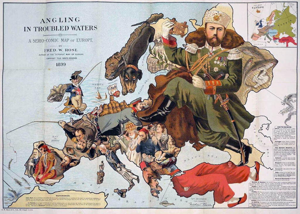 "Pescando en aguas revueltas" (1899), mapa satírico exponiendo los nacionalismos en la Europa del siglo XIX.