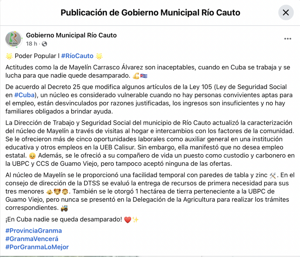 post del Gobierno Municipal Río Cauto