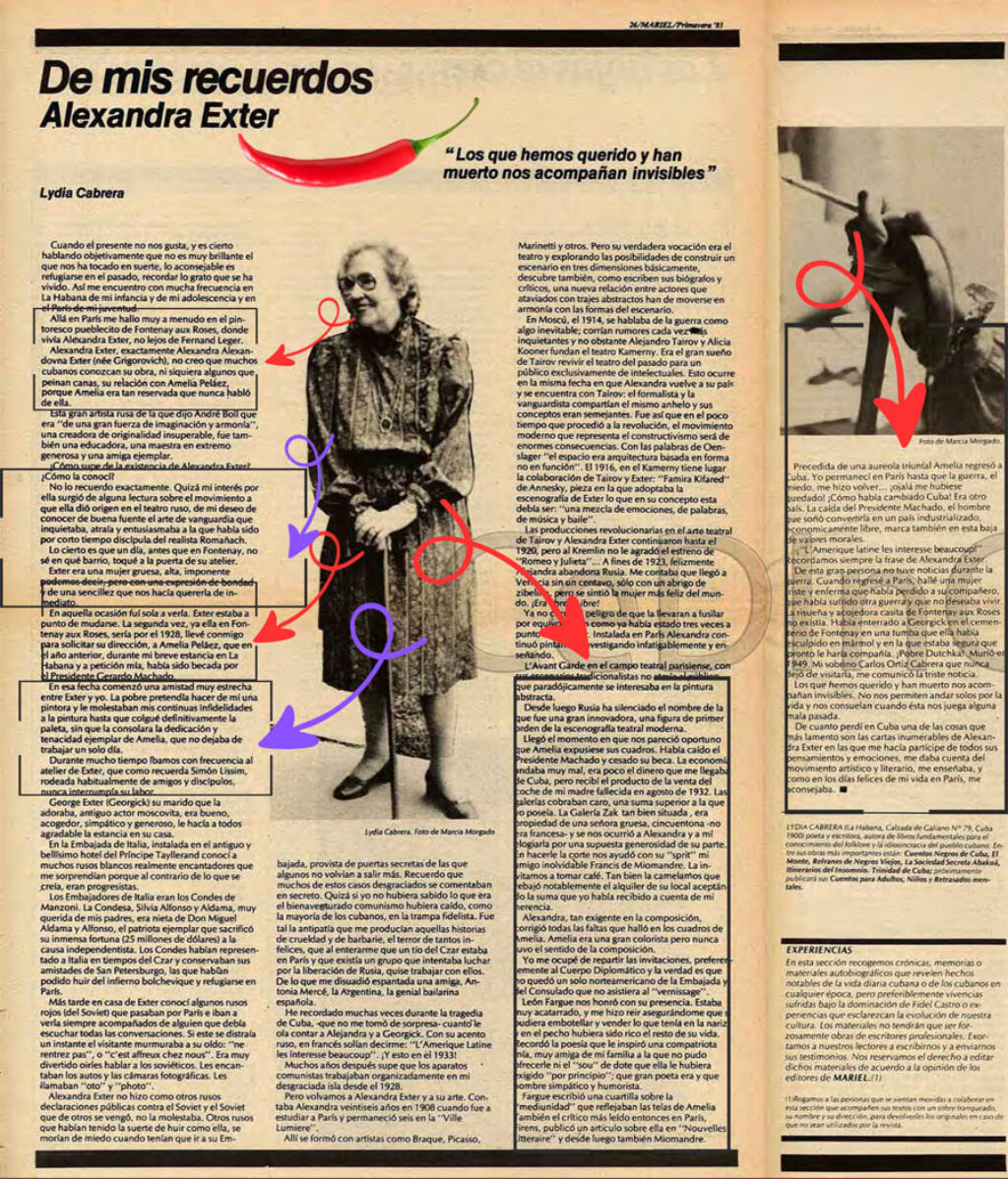 Páginas del texto "De mis recuerdos. Alexandra Exter", de Lydia Cabrera, en la revista "Mariel".