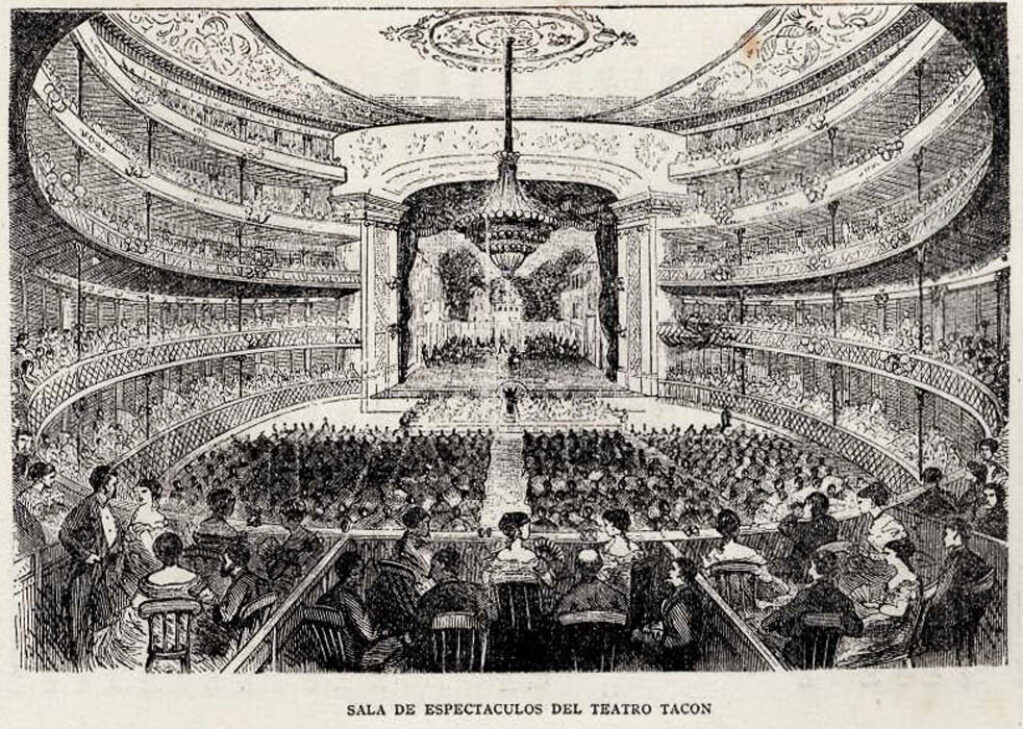 Teatro Tacón en La Habana, dibujo de Samuel Hazard en su libro "Cuba a pluma y lápiz" (1871).