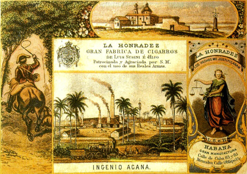 Ingenio Ácana en Matanzas, grabado de la Fábrica La Honradez.