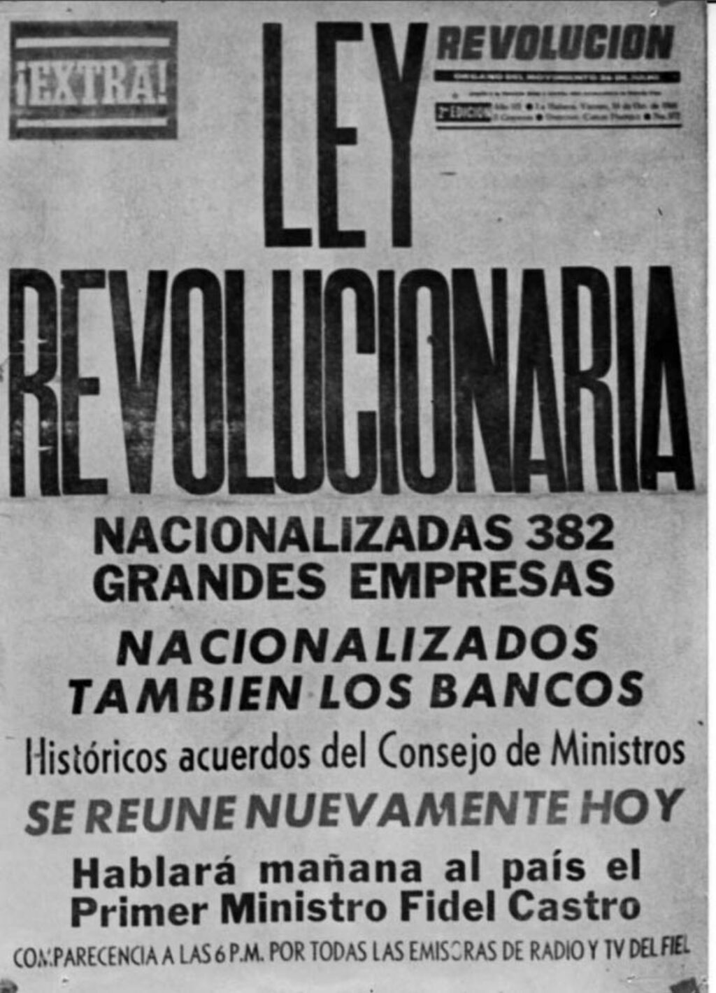 El periódico "Extra" informa sobre las nacionalizaciones en Cuba.