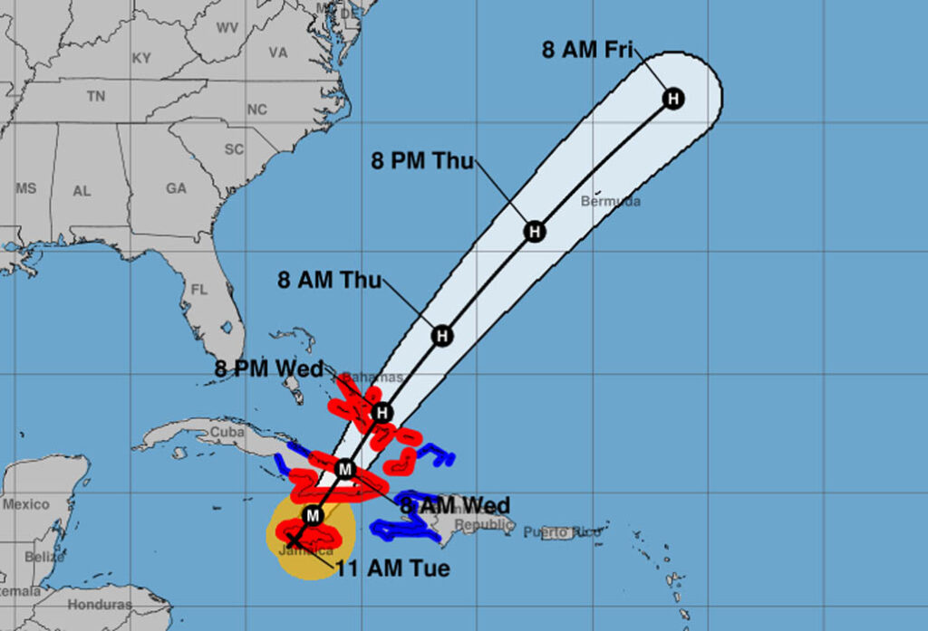 Cono de probabilidades del huracán Melissa, 28 de octubre, 11:00 am (hora de Cuba).