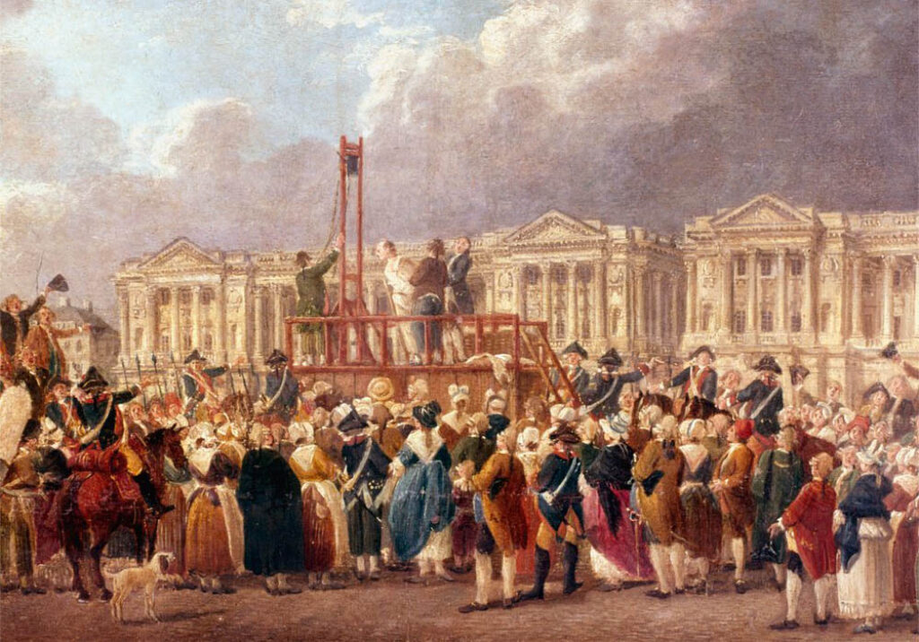 Pierre Antoine de Machy: "Ejecución por guillotina en París durante la Revolución Francesa" (1793), detalle.