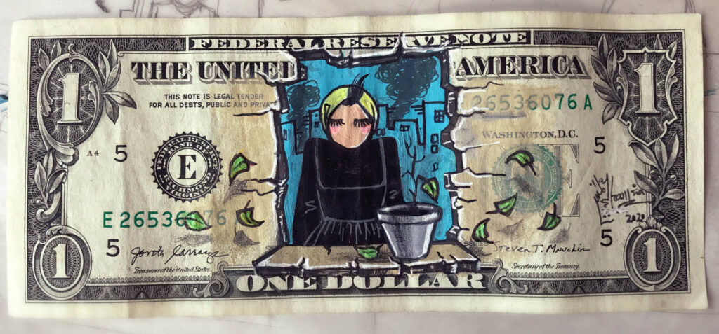 Pintura sobre papel moneda de Shamsia Hassani.