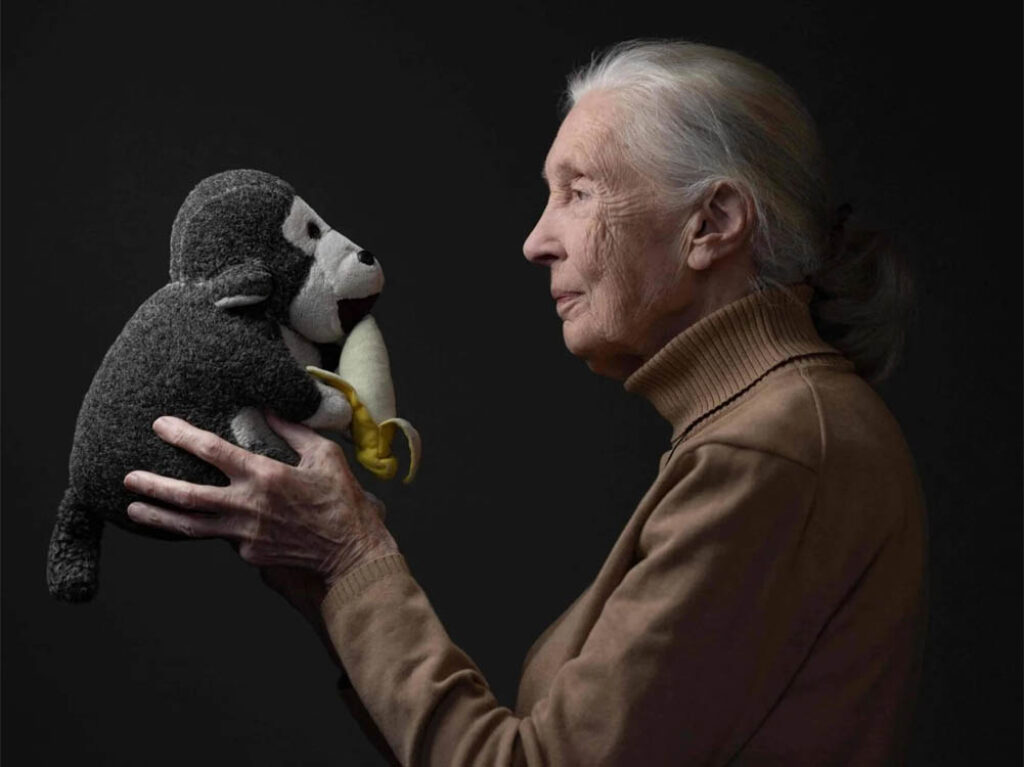 Jane Goodall con el chimpancé de peluche que le regaló su padre.