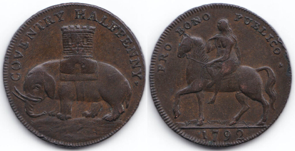 Moneda acuñada en Coventry en 1792 con la figura de Lady Godiva.