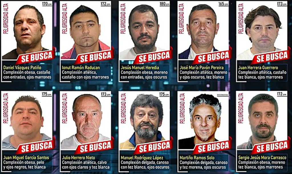 Segundo de derecha a izquierda en al fila inferior, Martiño Ramos fue incluido entre los diez fugitivos españoles más buscados.