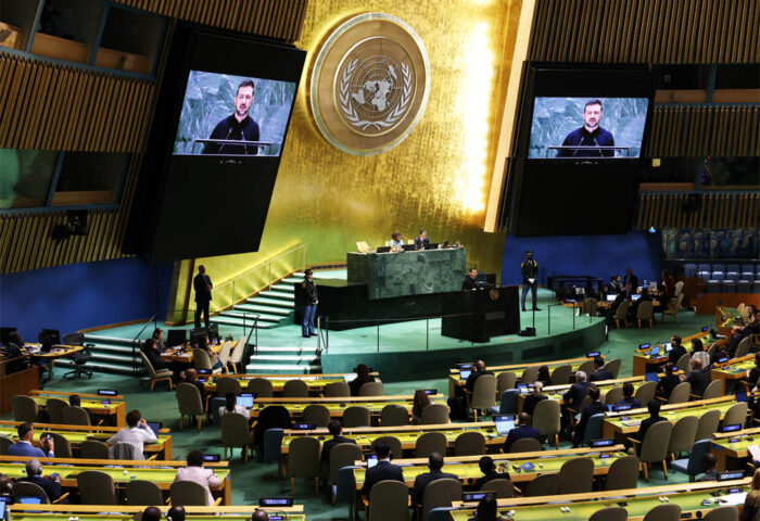 El presidente ucraniano, Volodymyr Zelenskyy, habla en la Asamblea General de ONU el 25 de septiembre de 2024.