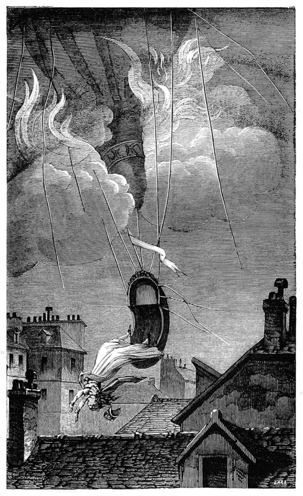 Ilustración del fatal accidente de Sophie Blanchard, publicada en el libro "Les aérostats" (1887), de Louis Figuier.