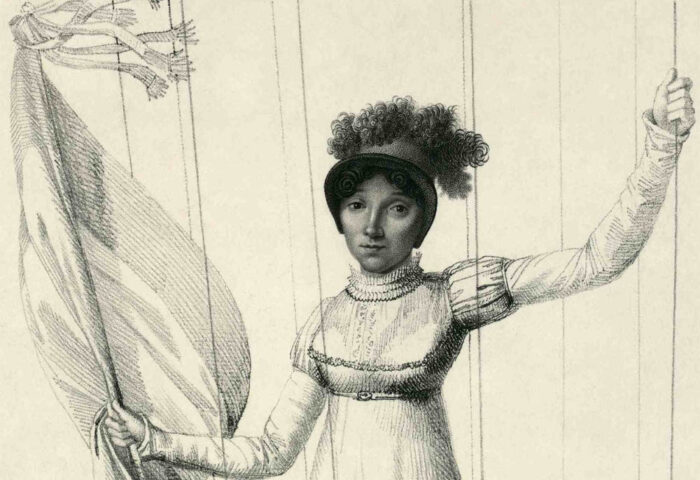 Sophie Blanchard (1778-1819), primera aeronauta profesional. Grabado de Luigi Rados (1811), detalle.