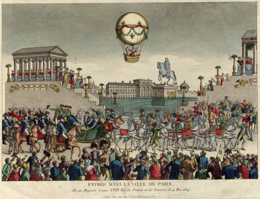 Vuelo de Sophie Blanchard por la entrada del rey Luis XVIII en París.