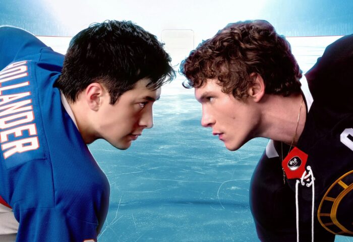 Shane Hollander (Hudson Williams) y Ilya Rozanov (Connor Storrie) en Heated Rivalry (2025).