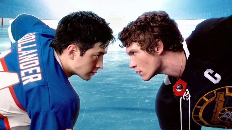 Shane Hollander (Hudson Williams) y Ilya Rozanov (Connor Storrie) en Heated Rivalry (2025).