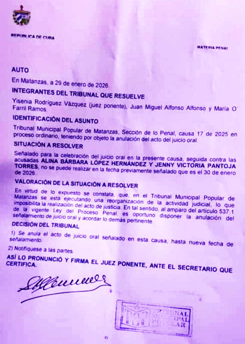 Notificación de la anulación del juicio oral contra Alina Bárbara López y Jenny Pantoja.