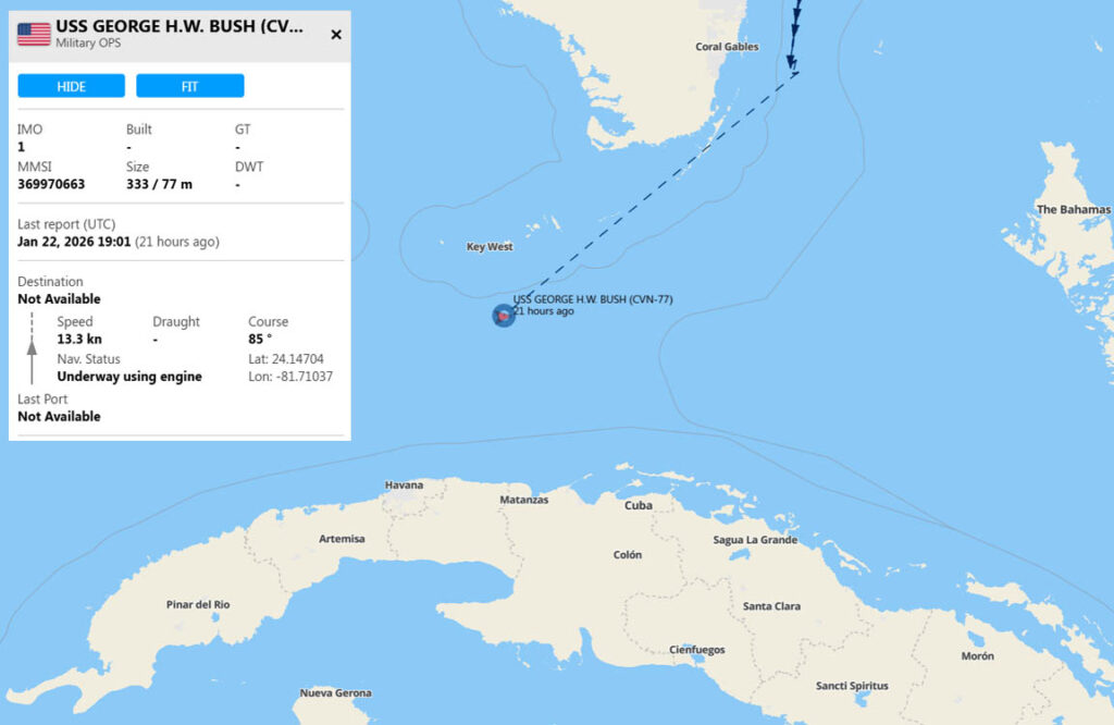Ubicación del USS George H. W. Bush en el Estrecho de la Florida.