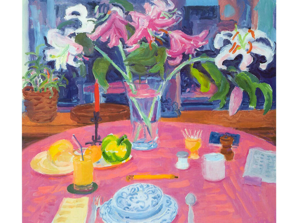 Nell Blaine: "Lirios blancos, mantel rosado" (1990).