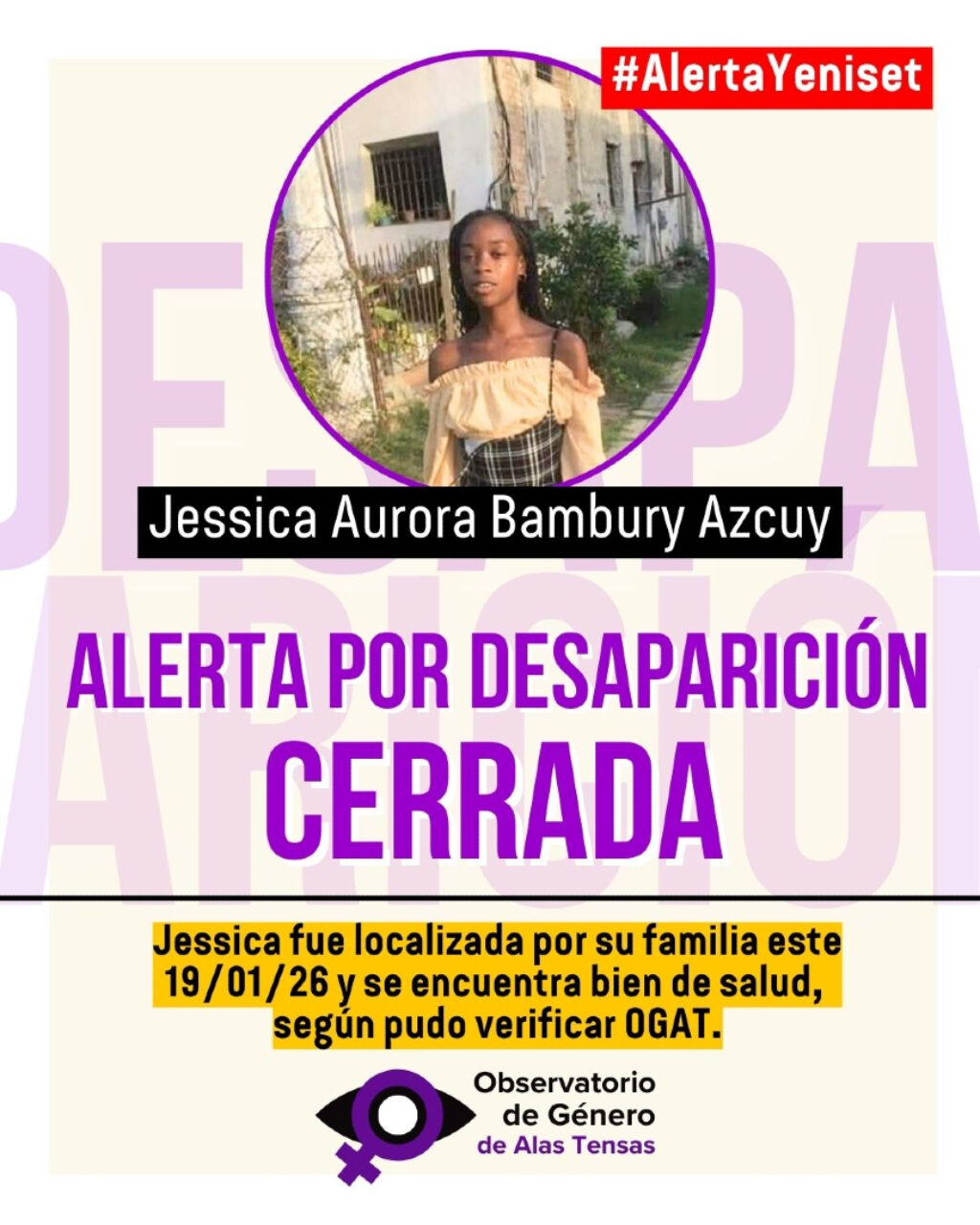 alerta Yeniset en favor de Jessica, cerrada