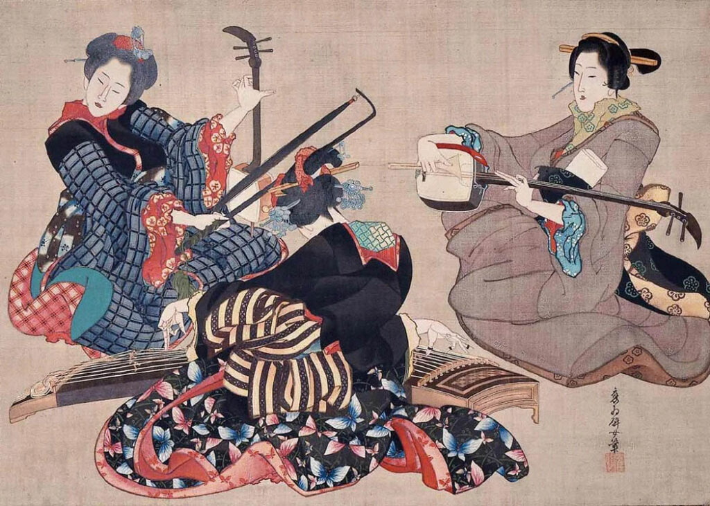 Katsushika Oi: "Tres mujeres tocando música" (1850).