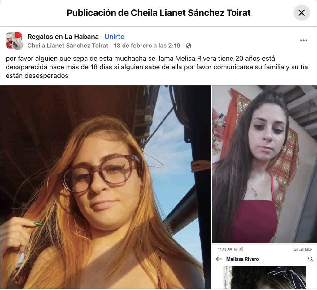 Post sobre Melissa Rivero desaparecida en Cuba