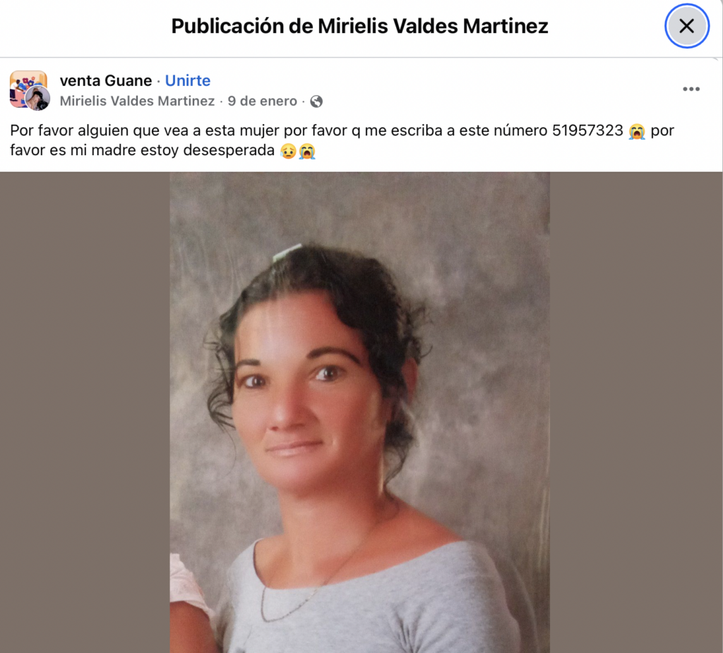 Post de familiar de desaparecida