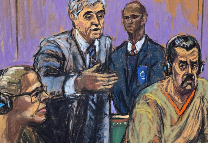 Nicolás Maduro y Cilia Flores en la segunda audiencia del juicio en su contra en Nueva York. Ilustración: Jane Rosenberg