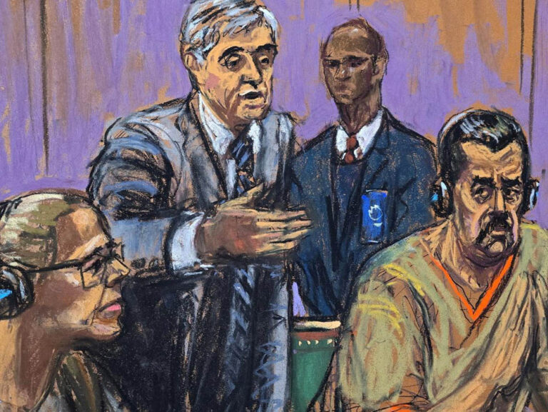 Nicolás Maduro y Cilia Flores en la segunda audiencia del juicio en su contra en Nueva York. Ilustración: Jane Rosenberg