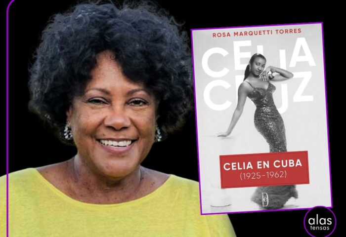 Rosa Marquetti junto a libro sobre Celia Cruz