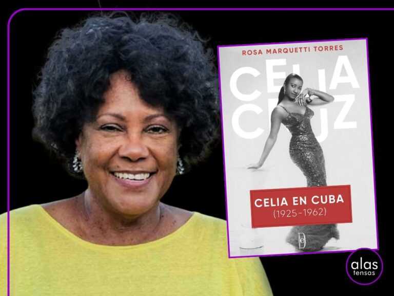 Rosa Marquetti junto a libro sobre Celia Cruz