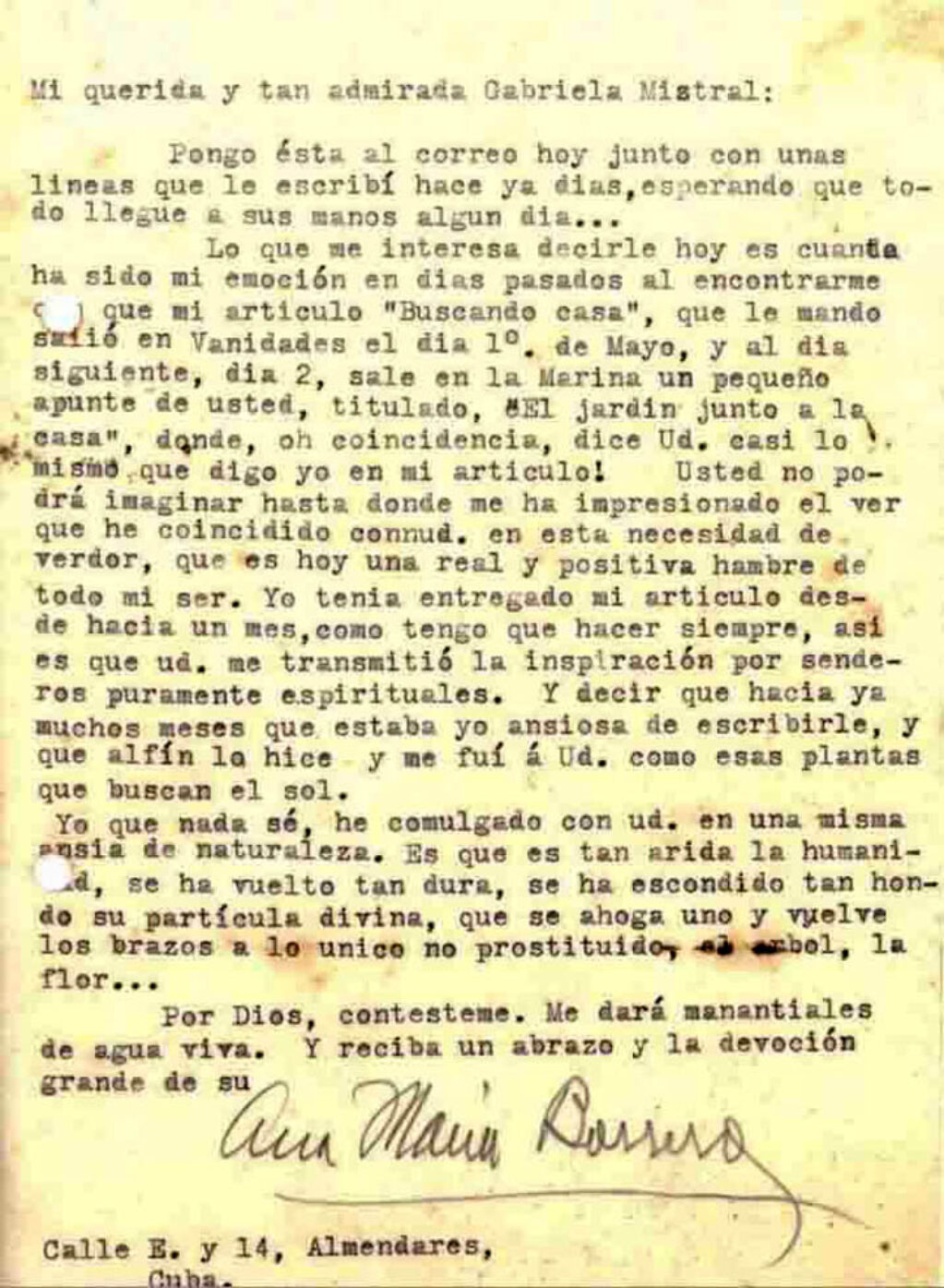Carta de Ana María Borrero a Gabriela Mistral.