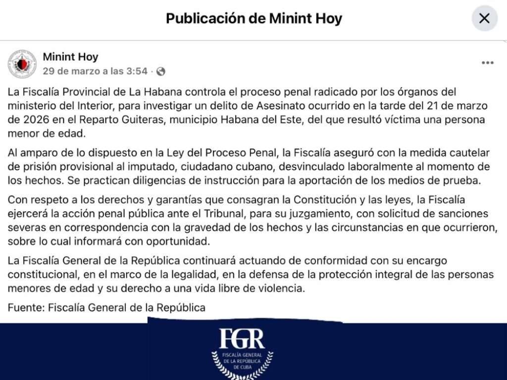 comunicado del MININT en Facebook sobre feminicidio de menor de edad