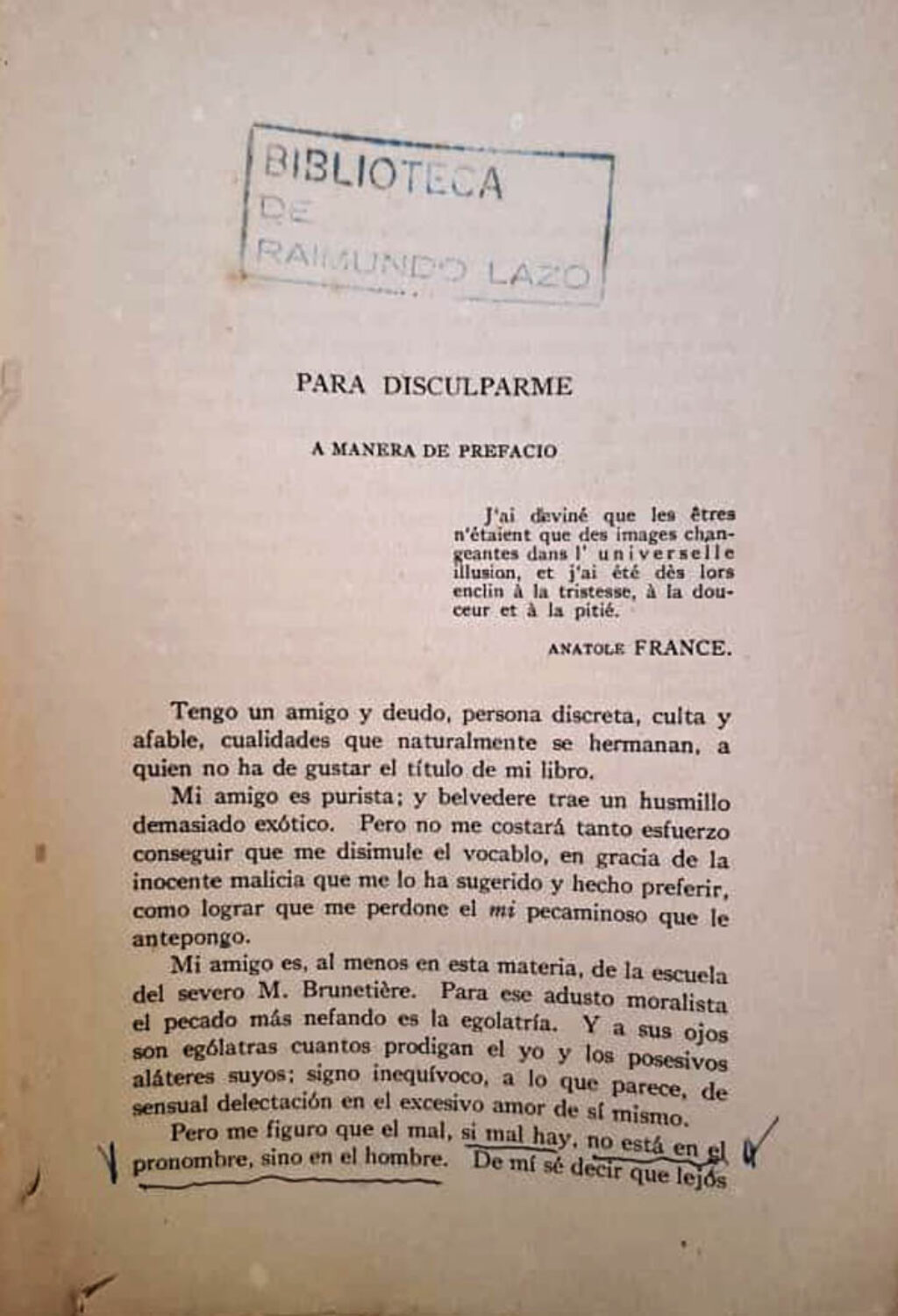 Página del prólogo de Raimundo Lazo al libro "Desde mi Belvedere", de Enrique José Varona. Este libro, que era parte de la biblioteca de Lazo, lo rescató un amigo de un basurero en Santiago de Cuba.