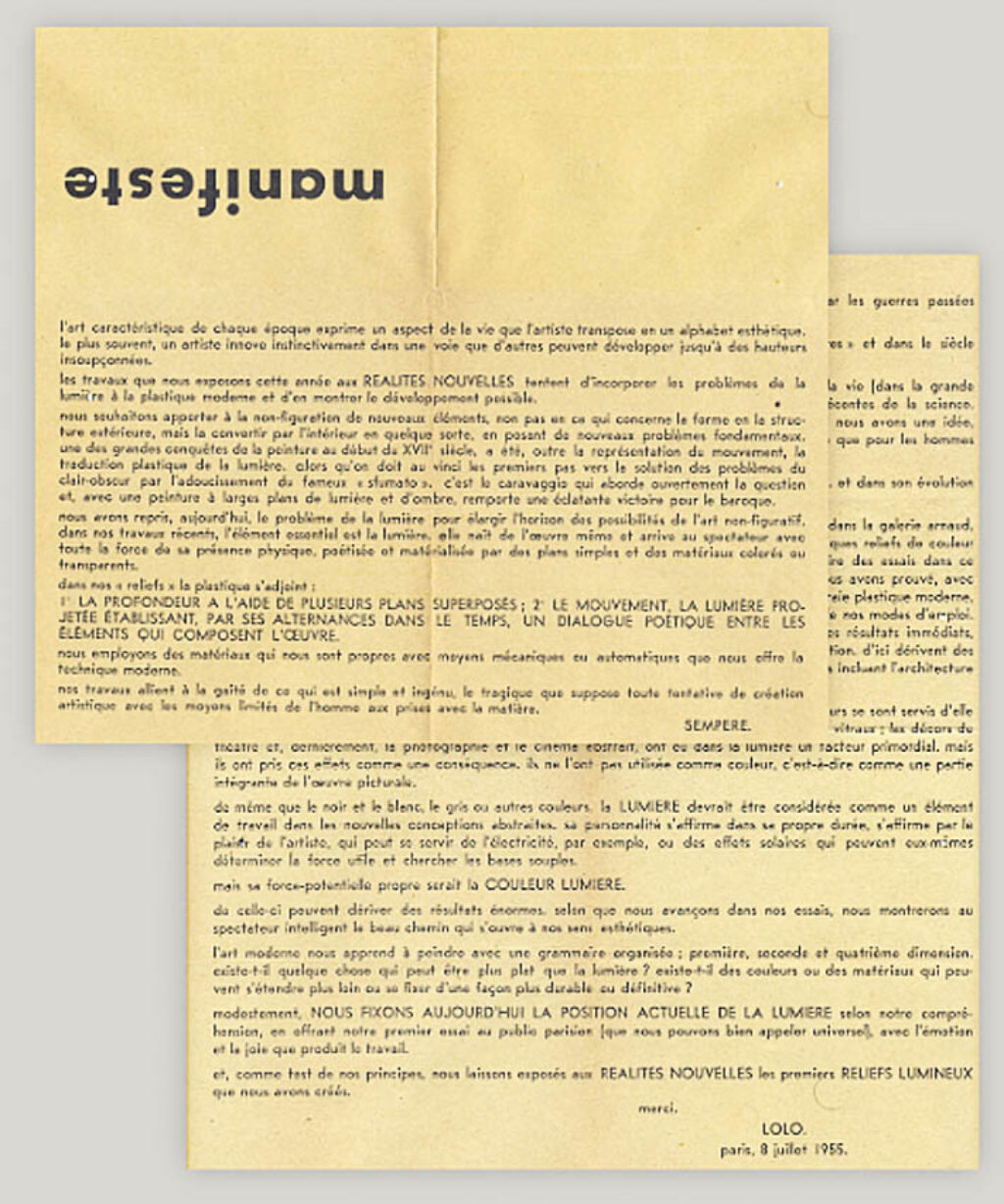 "Manifiesto de la Luz", por Eusebio Sempere y Loló Soldevilla, repartido en la exposición “No.10 Salon de Realités Nouvelles”, en París, 1955.