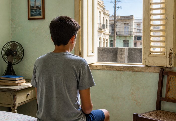 Imagen de un niño de espaldas mirando por una ventana